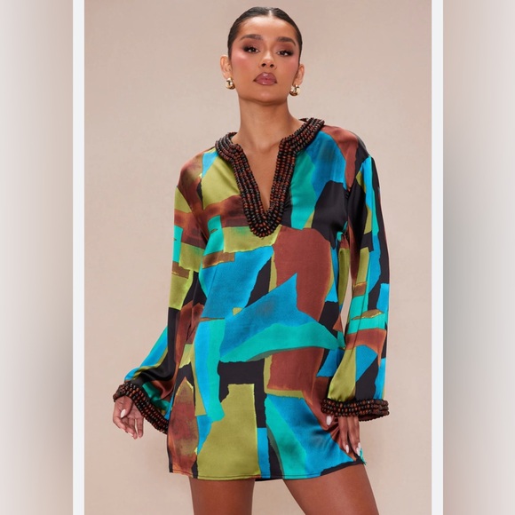Fashion Nova Dresses & Skirts - Nova Luxe Dylan Satin Kaftan Mini Dress - Blue/combo size Medium Beaded